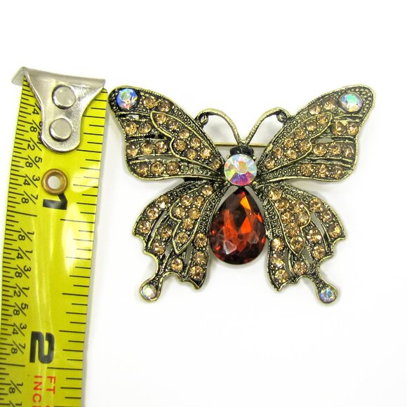 Butterfly brooch pin with brown crystals vintage look design in antique gold - Picture 7 of 8